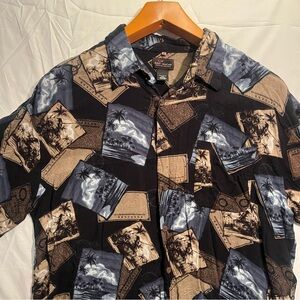 Hawaiian Aloha Everyday Red Macaw Mens Shirt Size XLT Black Postcard Camp Button